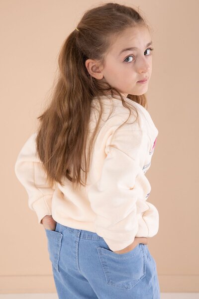 Cansın Mini Girl's 2-Piece Set with Cream Cute Character Printed Jeans Pants 22749