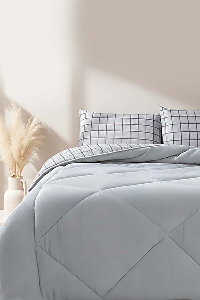 Riva Сірий картатий односпальний двосторонній комплект ковдр Wellsoft 155x215 см