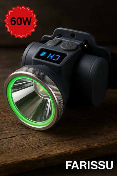 farissu Ultra Güçlü 60w Dijital Göstergeli Kafa Feneri – Şarjlı, Su Geçirmez, 3 Modlu
