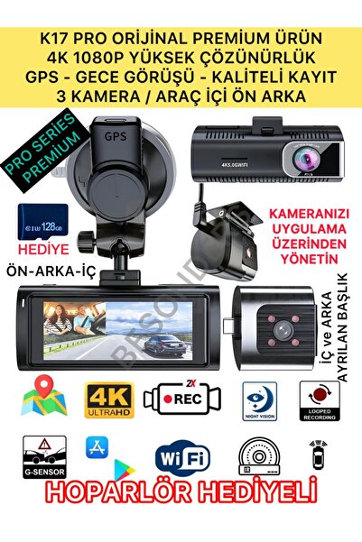 Besonders K17 PRO SERİ 1080P 4K Full HD 3 Kameralı Wifi GPS Gsensör Gece Görüş Araç İçi Ön Arka Kayıt Kamera
