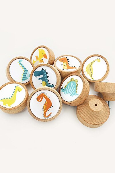 Kulpingo Seria Dinozaur Dulap din lemn pentru copii și mâner pentru sertar - Set de 8