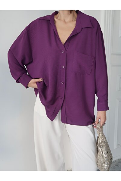 Paw Garage Women's Perla Purple Single Pocket Oversize Shirt, Summer Wide Fit Shirt, Ayrobin Shirt