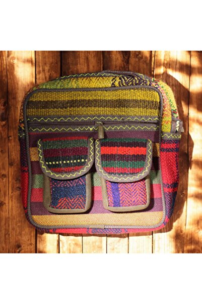 DEHNA El Dokuma Kilim Desenli Omuz Çantası – Çift Cep (En: 25CM, Boy: 25CM, Genişlik: 7cm)