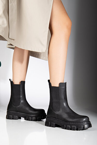 guijarro Premium Chelsea Siyah Bot Kadın | Kalın Tırtıklı Taban | Lastikli | Günlük Comfort Boot