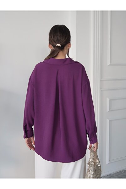 Paw Garage Women's Perla Purple Single Pocket Oversize Shirt, Summer Wide Fit Shirt, Ayrobin Shirt