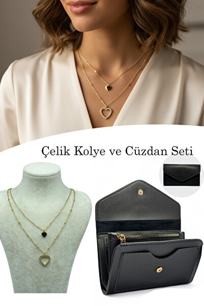 EVVELİ Kadın Cüzdan ve Kalpli Çelik 2li zirkon taşlı Kolye Seti