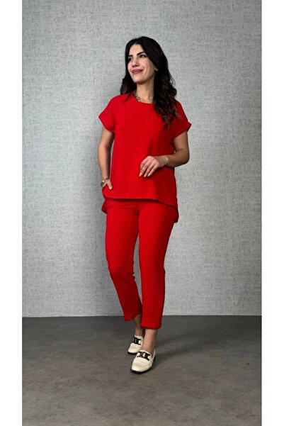 Asil Acar Home Mdb Women's Short Sleeve Round Neck Aerobin Blouse and Pants Two-Piece Suit