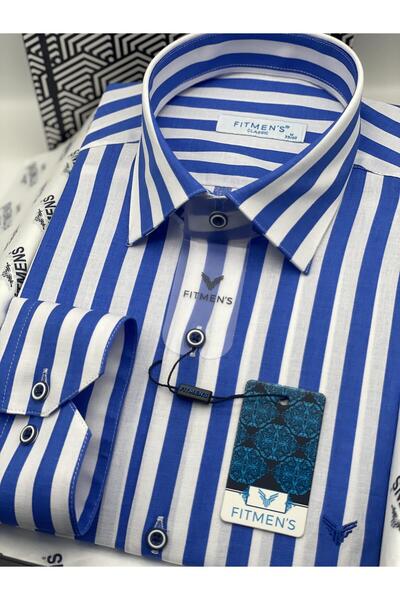 Fitmens Klasik Uzun Kol Çizgili Cepsiz Yaka Alttan Düğmeli Likralı Hediye Kutulu Erkek Gömlek FS-003175 - Sa