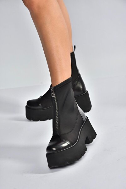 Fox Shoes V820008604 Γυναικείες μπότες με φερμουάρ με χοντρή σόλα από μαύρο ύφασμα