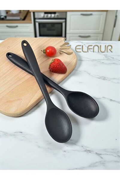 elfnur 2 Adet SERT Uçlu Isıya Dayanıklı Yanmaz Yapışmaz  28 Cm Silikon Yemek Kaşık Seti
