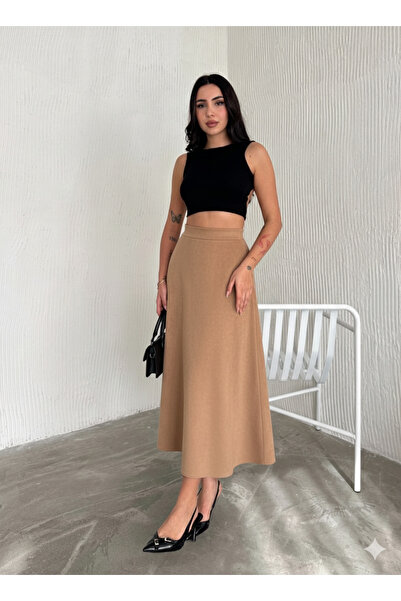 Ozy Fashion Fusta evazată din piele intoarsa maro deschis pentru dama