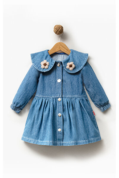 Overdo Kız Çocuk Yakası Çiçekli Uzun Kol Kot Elbise