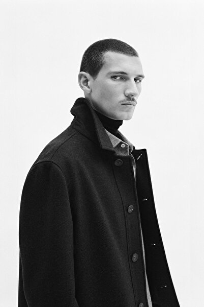 Massimo Dutti Orta boy balıksırtı yün karışımlı kaban