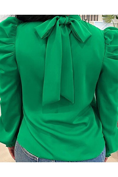 MODA Γυναικεία μακρυμάνικη μπλούζα με λαιμόκοψη με κορδόνι που δένει πίσω από τους ώμους, εισαγόμενη κρεπ μπλούζα