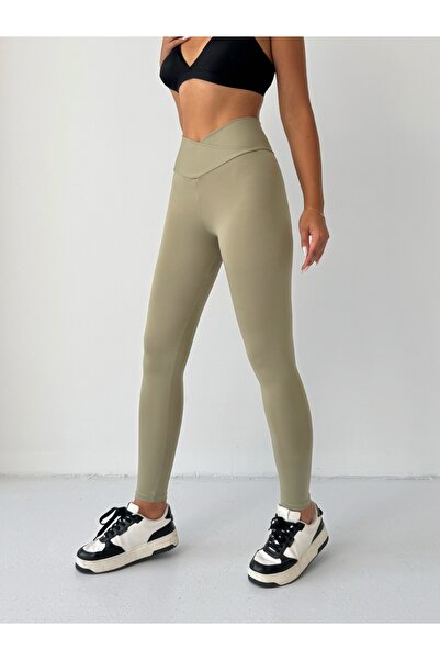 OPENDO Çapraz Kemer Detaylı Yüksek Bel Toparlayıcı Dar Paça Tayt Haki Yeşil
