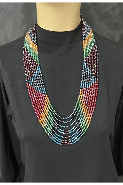 ZEYTUN Işıltılı Kristal Taşlı Kilim Desenli Kolye 9 Sıralı