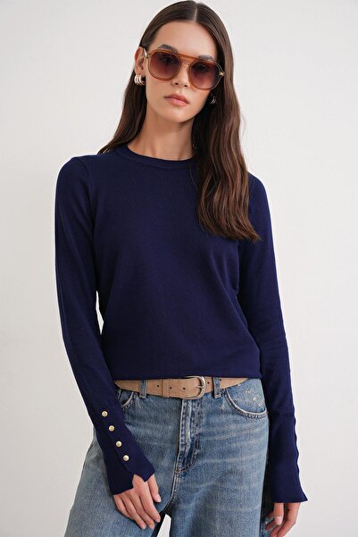 Mixray 6736 Γυναικείο πλεκτό πουλόβερ με λαιμόκοψη και μανίκια σε μπλε ναυτικό