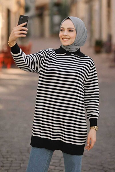 Neva Style Çizgili Ekru Tesettür Triko Tunik 65904E