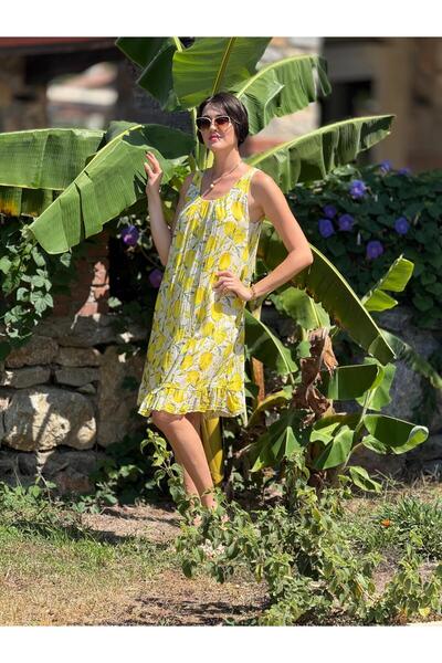 Punta Otantik YG205030 Κρέμα φορέματος με ιταλικό βαμβακερό σχέδιο λεμονιού