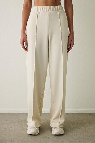 Penti Bej Nervürlü Yüksek Bel Geniş Paça Jogger Eşofman Altı