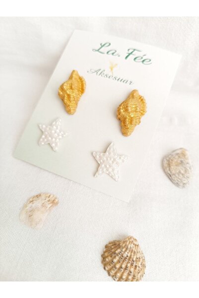 La fee aksesuar Set of 2 Gold Sea Shell Handmade Polymer Clay Earrings