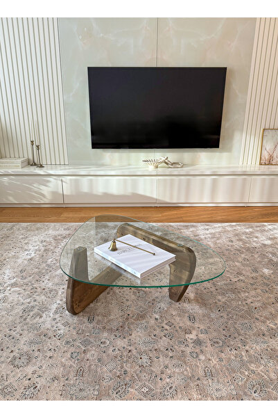 EFFE YAPI DEKOR Orta Sehpa - Ceviz Renkli Asimetrik Model 90X65 Cm ( Temperli Cam )