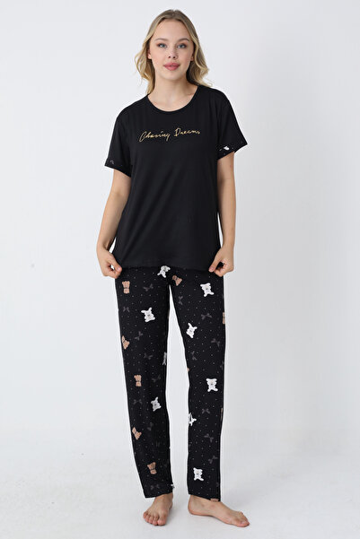 TURAY طقم بيجامة نسائية سوداء من Happiness Bamboo Short Sleeve