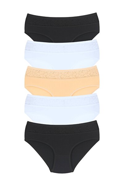 Newlilla 1016 Жіночі біло-чорні трусики з густою облямівкою та мереживом, 5 штук, для щоденного використання V13