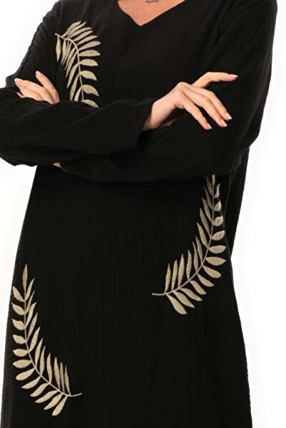 Eliş Şile Bezi Μακρυμάνικο φύλλο V λαιμόκοψη εμπριμέ μουσελίνα Μακρύ αυθεντικό καλοκαιρινό φόρεμα μαύρο-μαύρο Syh/Syh