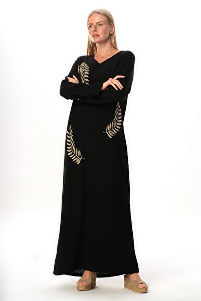 Eliş Şile Bezi Μακρυμάνικο φύλλο V λαιμόκοψη εμπριμέ μουσελίνα Μακρύ αυθεντικό καλοκαιρινό φόρεμα μαύρο-μαύρο Syh/Syh