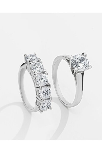 MEKS JEWELS Gümüş Tektaş Beştaş Yüzük Kombini