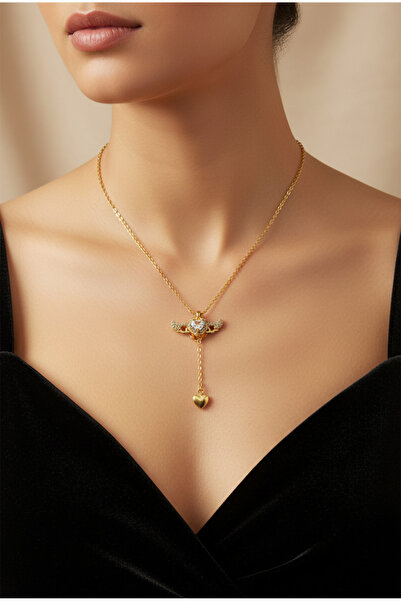 Desodes Sallanan Kanatlı Kalp Kararmaz Antialerjik Altın Renk Çelik Kolye