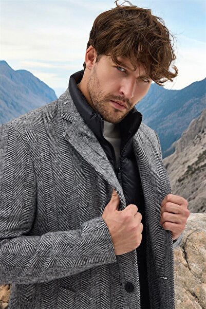 Frappoli Batista Чоловічий сірий пальто з застібкою-блискавкою спереду, регулярного крою, з товстої кашемірової тканини