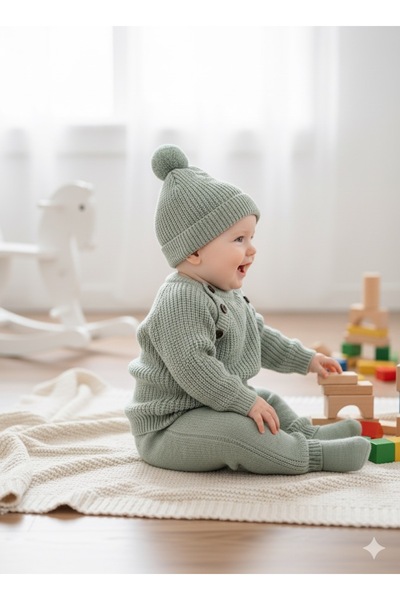 BİLGEN Style Baby Boy Knitwear Selani̇k Knitted Hat Winter 3-Piece Set