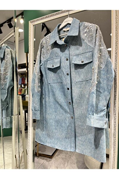 MERAM BUTİK SELİNADA OMUZ İŞLEMELİ KOT CEKET - AÇIK MAVİ - 40