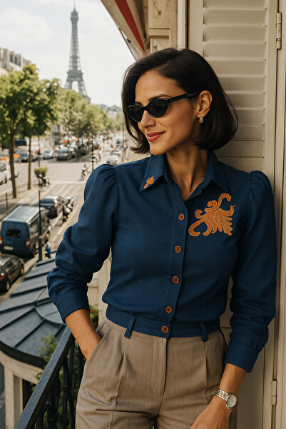 GZ Design Orange Embroidered Balloon Sleeve Navy Blue Shirt