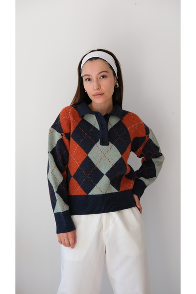 Butik Una Fiaba - Pulover cu guler polo pentru femei, cu model Baklava, textura moale