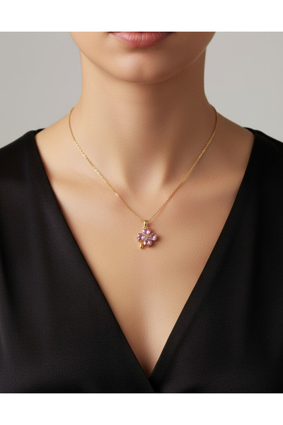 Desodes Pembe Zirkon Taşlı Dört Yapraklı Yonca Kararmaz Altın Renk Çelik Kolye