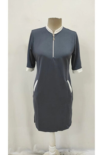 ARONA Mdb Women's Short Sleeve Zippered Neck Viscose Dress with Pockets and Side Slits