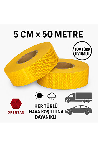 opersan TÜVTÜRK Uyumlu ECE 104 Prizmatik Reflektif Şerit Bant (Reflektör Tipi) – Sarı 50m x 5cm Petek Desen