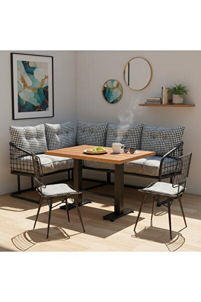 DENGEMA Viyana L Köşe Masa Takımı – 143x193 cm – 1 Masa + 2 Sandalye, Metal A...