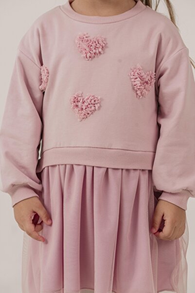 Eray Kids Kız Çocuk Kalpli Tüllü Sweatshirt Pembe Elbise (3-4-5-6 Yaş)