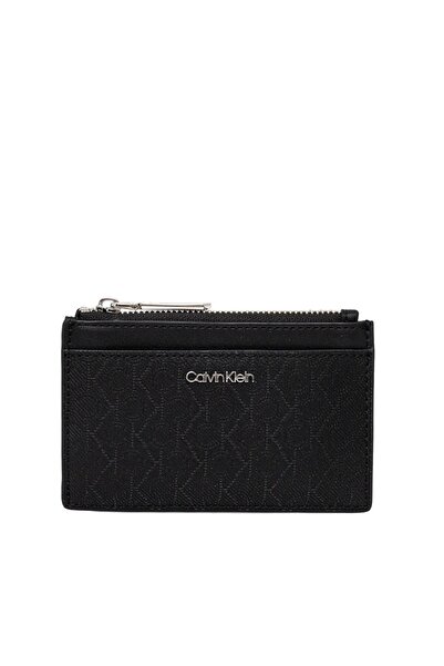 Calvin Klein حامل بطاقات نسائي من الجلد الأسود مع حجرة إضافية بسحاب - K60K 61...