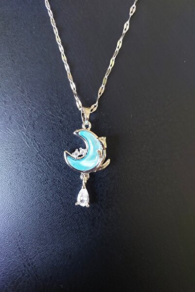 TWOGAN قلادة الهلال – لون فضي أزرق لامع، قلادة فولاذية مرصعة بحجر الزركون، حج...