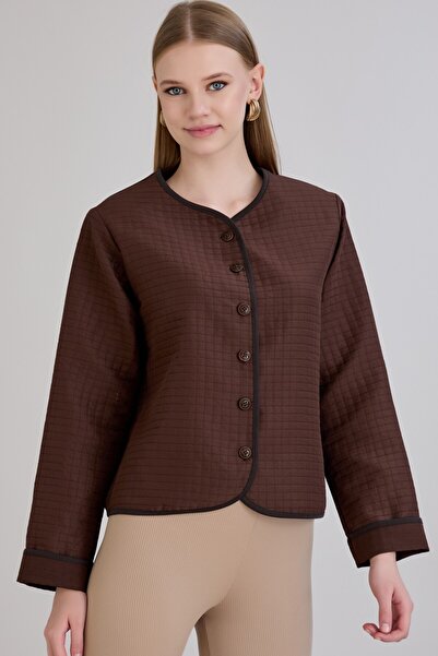 Sortie Women's Crew Neck Buttoned Padded Seasonal Brown Quilted Coat