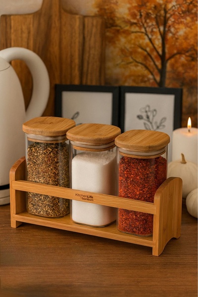 Kitchen Life Set de condimente de blat din 4 piese cu capac din bambus - Kit de condimente - 350 ml