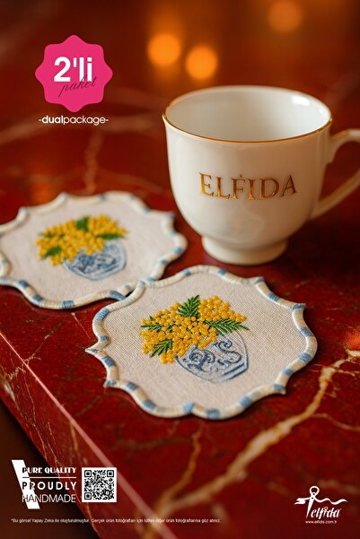 ELFİDA Luxury Embroidered Cocktail Coffee Serving Tray Napkin Mini Placemat Runner Marbled Vase (2 Pieces)