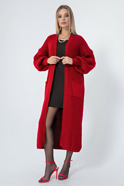 Lafaba Women's Red Balloon Sleeve Long Cardigan