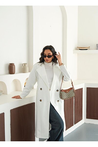 MyLook Kadın Uzun Trençkot Beyaz, Çift Düğme, Şal Yaka, Cepli