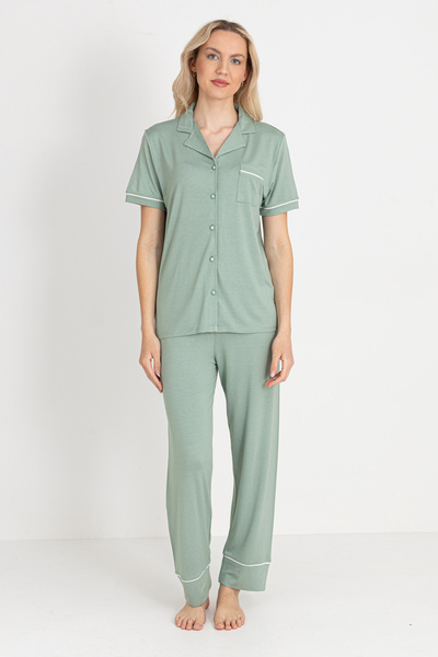 TURAY Set pijamale verde pentru femei Massion Lairy Button Shorts